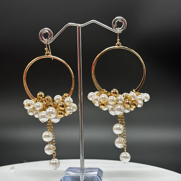Gold Tone Dangling Hoop With White and Gold Faux Pearl Bead Earrings - Picture 4 of 4